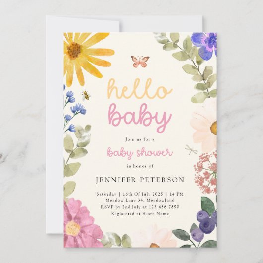  Waterverf Bloemen Baby shower Uitnodiging (Voorkant)