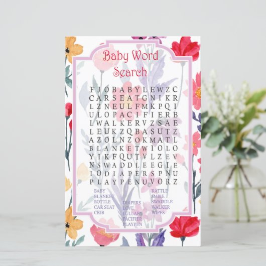Waterverf bloemen Baby shower Word Search Game (Staand voorkant)
