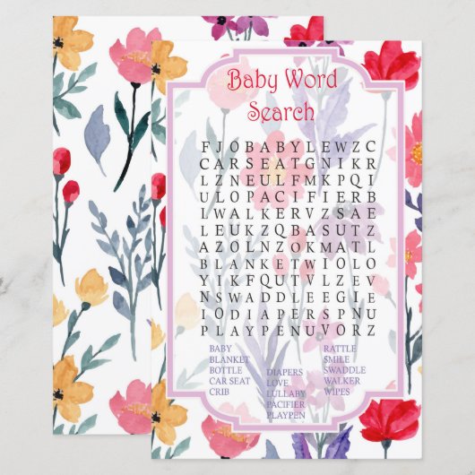 Waterverf bloemen Baby shower Word Search Game (Voorkant / Achterkant)