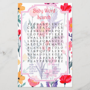 Waterverf bloemen Baby shower Word Search Game