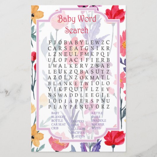 Waterverf bloemen Baby shower Word Search Game (Voorkant)