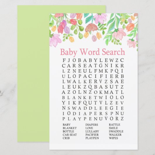 Waterverf bloemen Baby shower Word Search Game (Voorkant / Achterkant)