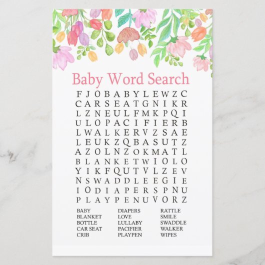 Waterverf bloemen Baby shower Word Search Game (Voorkant)