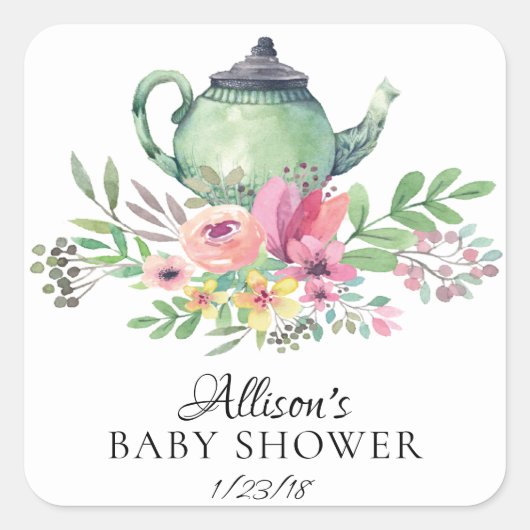 Waterverf Bloemen Baby Tea Party Envelopzegel Vierkante Sticker (Voorkant)