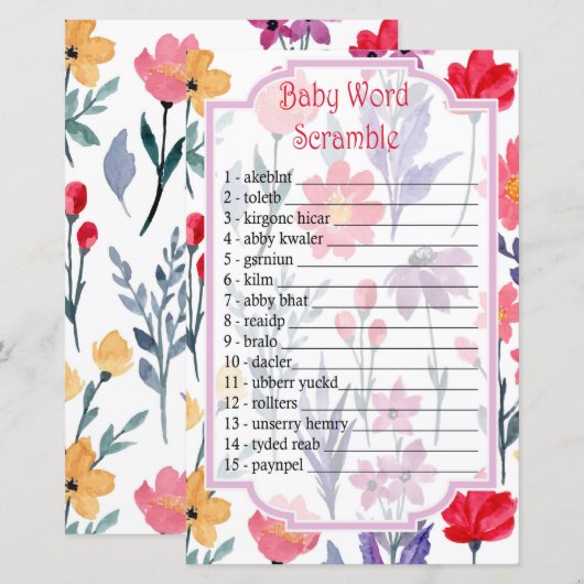 Waterverf bloemen Baby word scramble game (Voorkant / Achterkant)