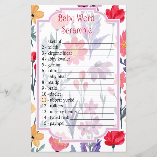 Waterverf bloemen Baby word scramble game (Voorkant)
