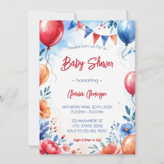 Waterverf Bloemen Ballonnen Jongen Meisje Baby Sho Kaart