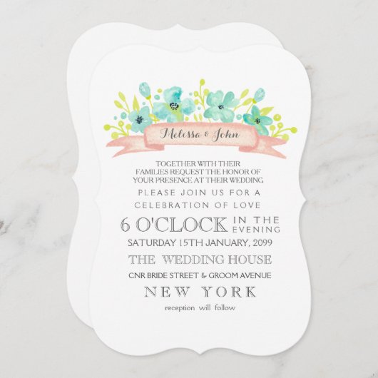 Waterverf Bloemen Banner Aqua bruiloft Uitnodigen Kaart (Voorkant / Achterkant)