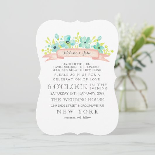 Waterverf Bloemen Banner Aqua bruiloft Uitnodigen Kaart (Staand voorkant)