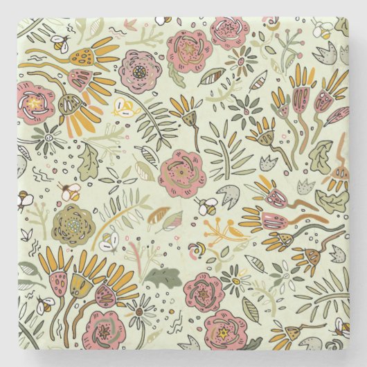 Waterverf Bloemen Bijen Elegant Modern Stenen Onderzetter (Voorkant)