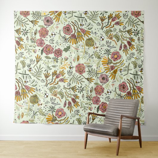 Waterverf Bloemen Bijen Elegant Modern Wandkleed (In Situ (horizontaal))