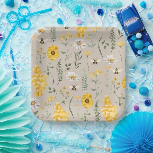Waterverf Bloemen Bijen Papier Borden Papieren Bordje (Feest)