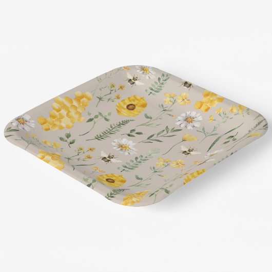 Waterverf Bloemen Bijen Papier Borden Papieren Bordje (Gebogen)