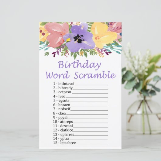 Waterverf bloemen BIRTHDAY WORD SCRAMBLE Game (Staand voorkant)