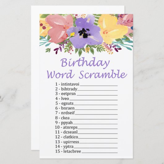 Waterverf bloemen BIRTHDAY WORD SCRAMBLE Game (Voorkant / Achterkant)