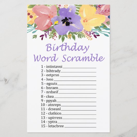 Waterverf bloemen BIRTHDAY WORD SCRAMBLE Game (Voorkant)