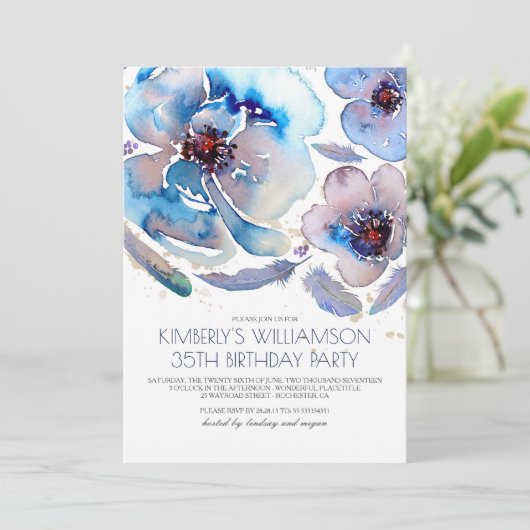 Waterverf Bloemen Blauw Boho Verjaardagsfeest Kaart (Staand voorkant)