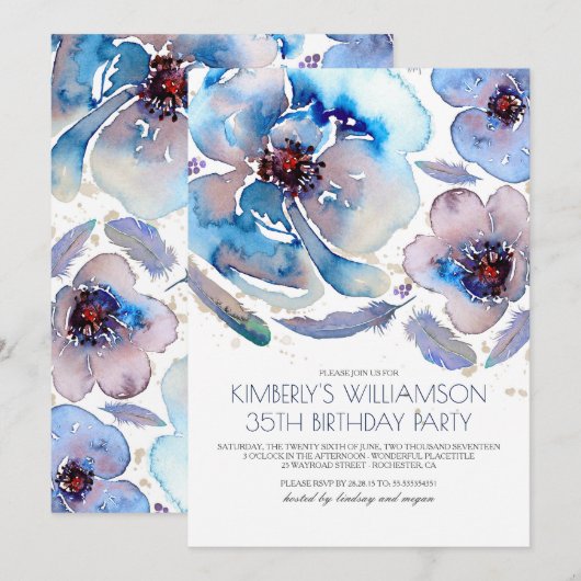 Waterverf Bloemen Blauw Boho Verjaardagsfeest Kaart (Voorkant / Achterkant)