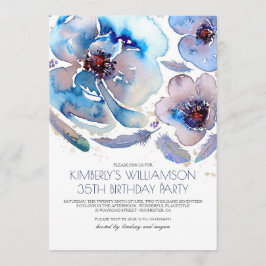 Waterverf Bloemen Blauw Boho Verjaardagsfeest Kaart