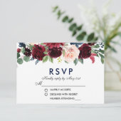 Waterverf Bloemen Blauw Bourgondië Bruiloft RSVP B (Staand voorkant)