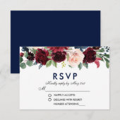 Waterverf Bloemen Blauw Bourgondië Bruiloft RSVP B (Voorkant / Achterkant)