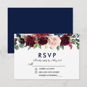 Waterverf Bloemen Blauw Bourgondië Bruiloft RSVP B