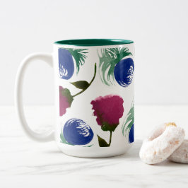 Waterverf Bloemen Blauw Bourgondië Groene Verf Tweekleurige Koffiemok