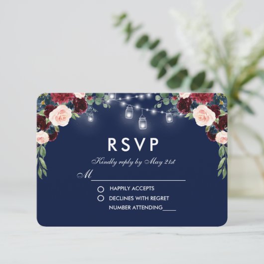 Waterverf Bloemen Blauw Bourgondië Jars Bruiloft R RSVP Kaartje (Staand voorkant)