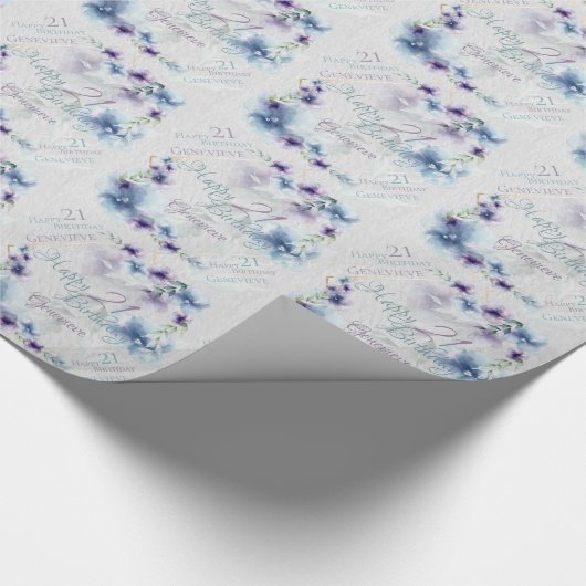 Waterverf Bloemen Blauw en Violet Naam en leeftijd Cadeaupapier (Hoek)