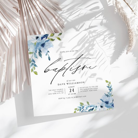 waterverf bloemen blauw thema baptisme kaart