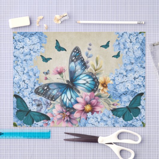 Waterverf Bloemen Blauwe Hydrangea & Vlinders Tissuepapier (Craft)