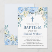 Waterverf Bloemen Blauwe Jongen Doop Uitnodiging (Voorkant / Achterkant)