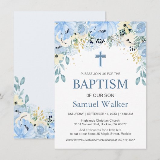 Waterverf Bloemen Blauwe Jongen Doop Uitnodiging (Voorkant / Achterkant)