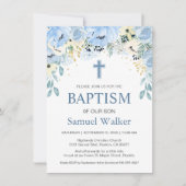 Waterverf Bloemen Blauwe Jongen Doop Uitnodiging (Voorkant)