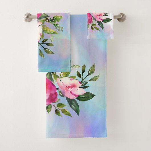 Waterverf Bloemen Blauwe Roze handdoekset Bad Handdoek (Insitu)