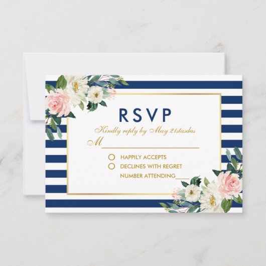 Waterverf Bloemen Blauwe Strepen Bruiloft RSVP (Voorkant)