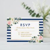 Waterverf Bloemen Blauwe Strepen Bruiloft RSVP (Staand voorkant)