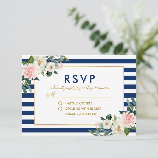 Waterverf Bloemen Blauwe Strepen Bruiloft RSVP (Staand voorkant)