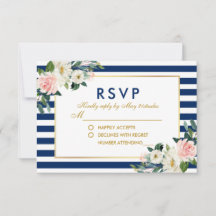 Waterverf Bloemen Blauwe Strepen Bruiloft RSVP