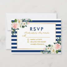 Waterverf Bloemen Blauwe Strepen Bruiloft RSVP