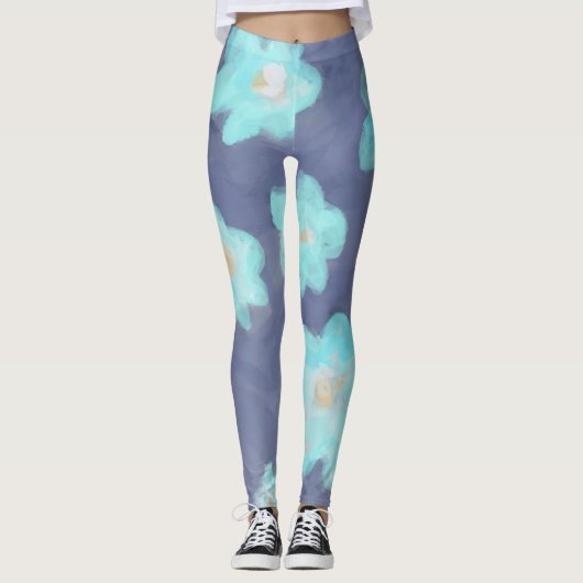 Waterverf Bloemen blauwgroen Cyaan Wilde Bloemen M Leggings (Voorkant)