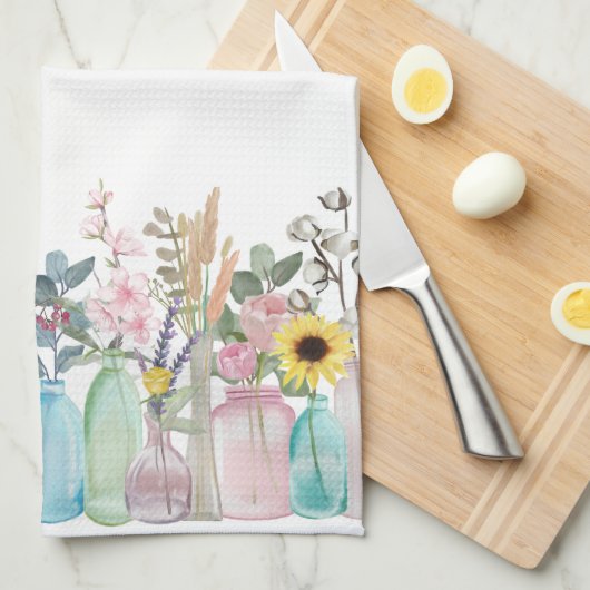 Waterverf Bloemen Bloemen Tuin Bloeit in Flessen Theedoek (Quarter Fold)