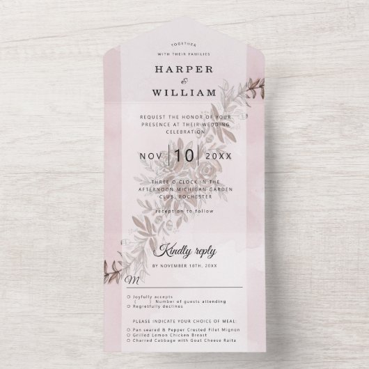 Waterverf bloemen blozen roze bruiloft all in one uitnodiging (Binnen)