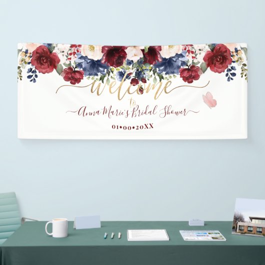 Waterverf bloemen Blozende rood Navy Welkom Spandoek (Beurs)