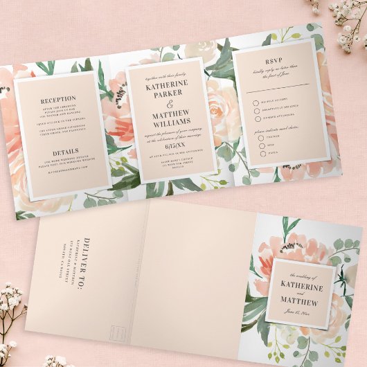 Waterverf Bloemen Blush All-in-One Wedding Drieluik Uitnodiging
