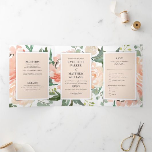  Waterverf Bloemen Blush All-in-One Wedding Drieluik Uitnodiging (Binnen)
