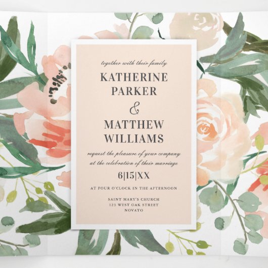  Waterverf Bloemen Blush All-in-One Wedding Drieluik Uitnodiging (Binnenkant midden)