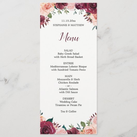 Waterverf Bloemen Blush Bourgondië Rozen Bruiloft Menu (Voorkant)