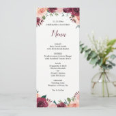 Waterverf Bloemen Blush Bourgondië Rozen Bruiloft Menu (Staand voorkant)