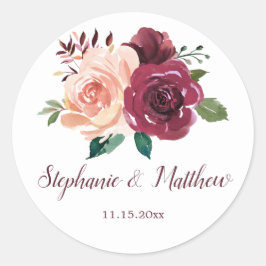 Waterverf Bloemen Blush Bourgondië Rozen Bruiloft Ronde Sticker
